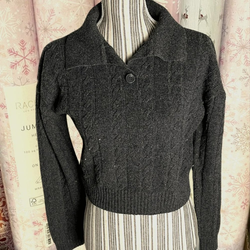 Grey Cable Knit Collared Button Up Polo Winter Sweater